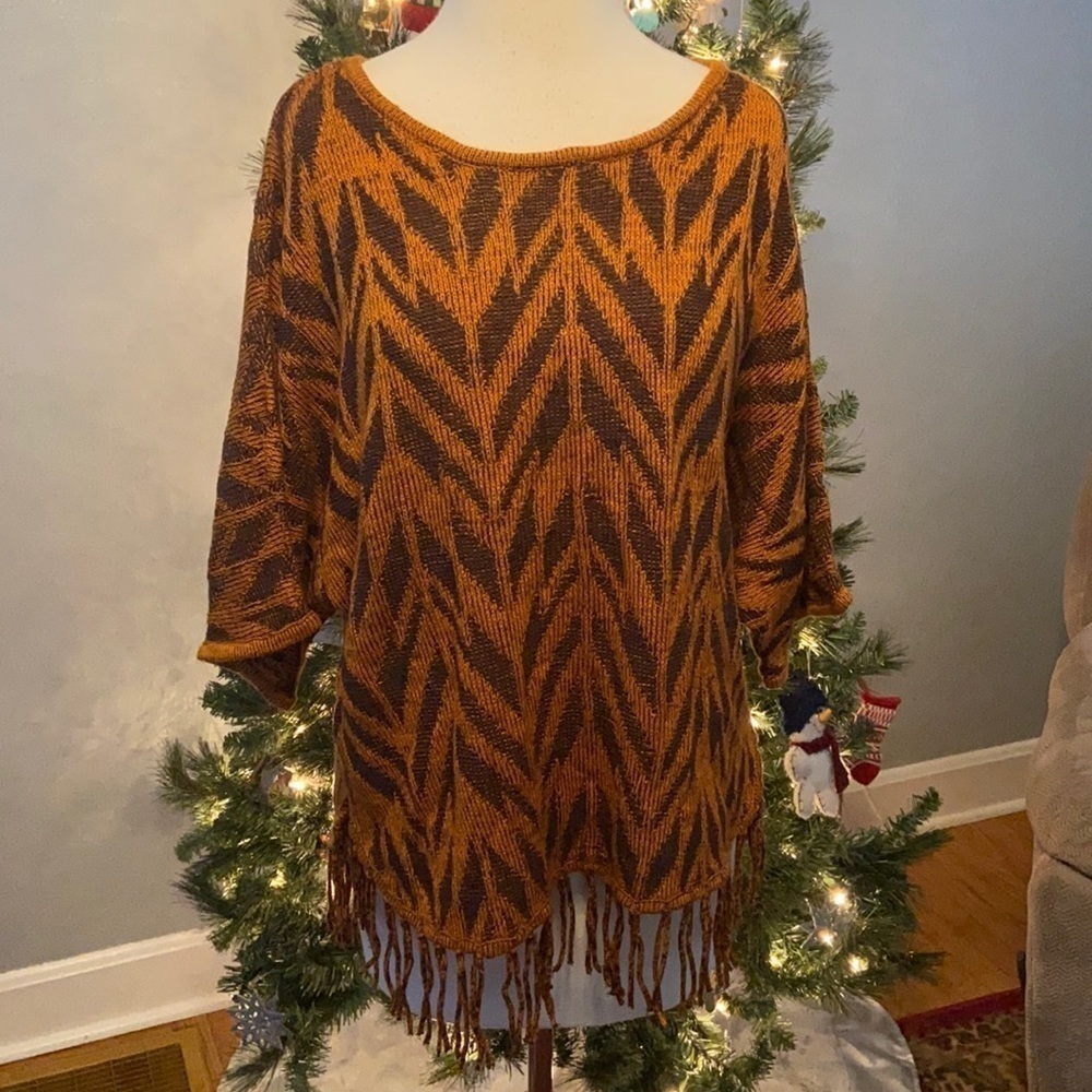 NY Collection Aztec Print Short Sleeve Sweater Top M Copper